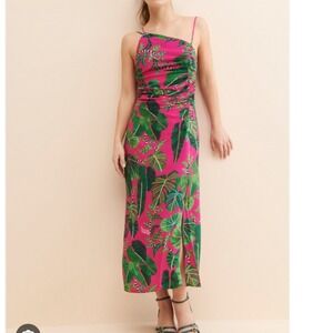 Farm Rio Leaves Midi Dress Pink Tropical Palm One Shoulder Beaded Tassels XS NEW